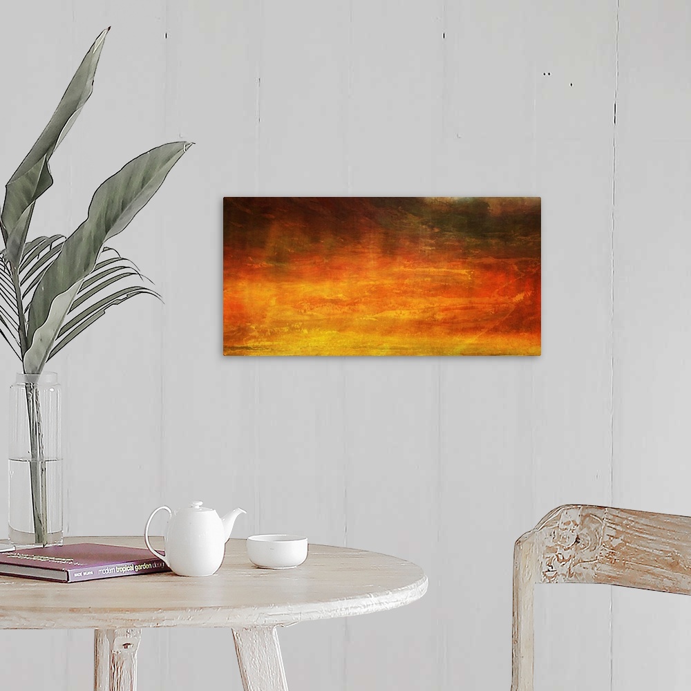 A farmhouse room featuring A horizontal abstract painting from a contemporary artist that uses warm fiery tones to generate ...