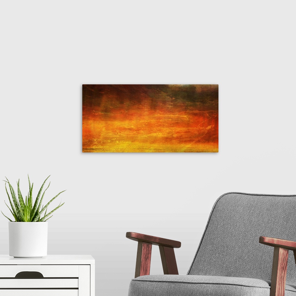 A modern room featuring A horizontal abstract painting from a contemporary artist that uses warm fiery tones to generate ...