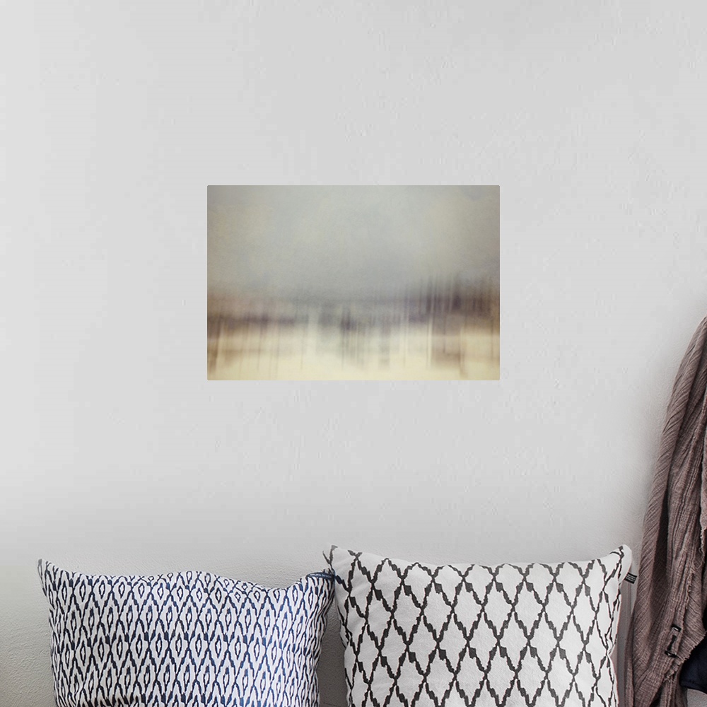 A bohemian room featuring An impressionist abstract photo of a wilderness forest in winter.