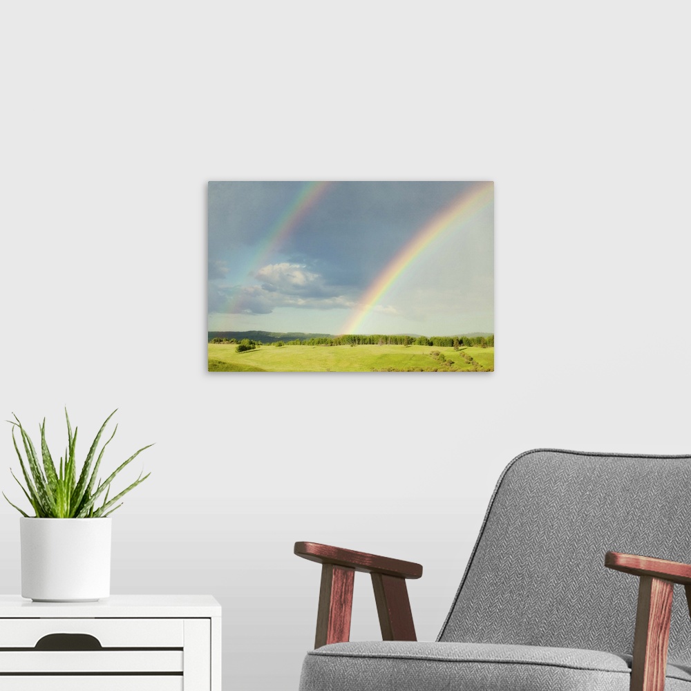 A modern room featuring Photograph of a lush green landscape with a double rainbow overhead.