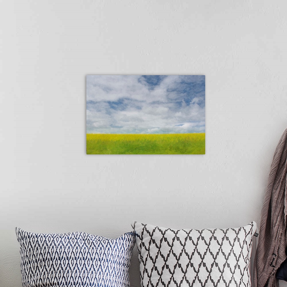 A bohemian room featuring Pictorialist photo of a pretty canola crop ripening under a cloudy prairie sky.