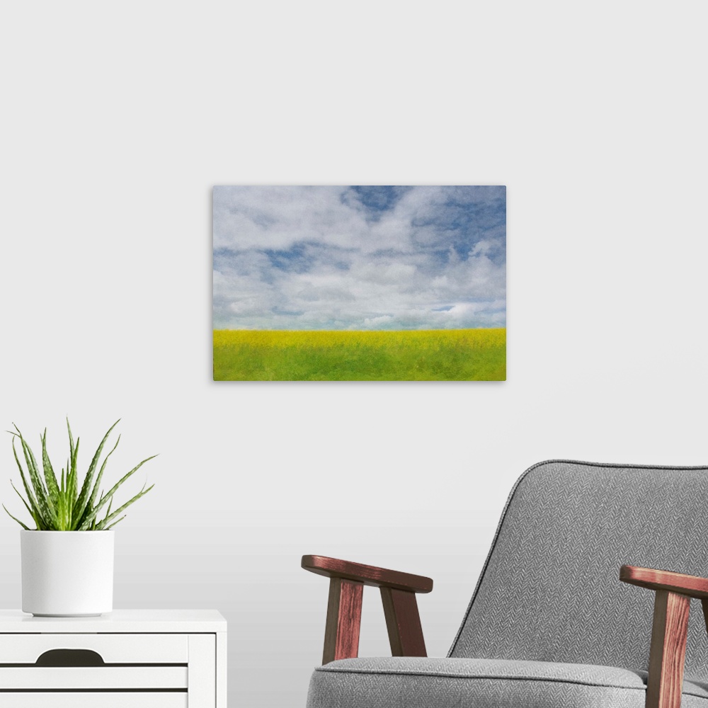 A modern room featuring Pictorialist photo of a pretty canola crop ripening under a cloudy prairie sky.