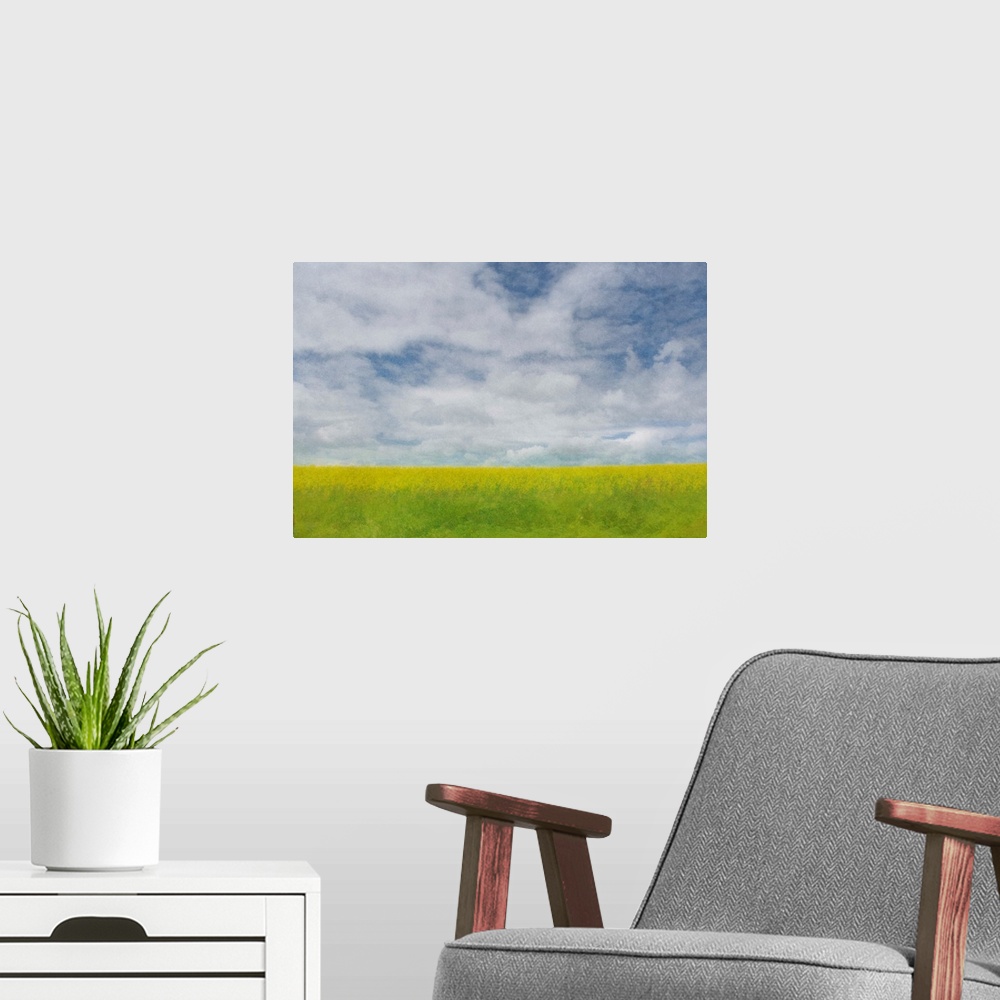 A modern room featuring Pictorialist photo of a pretty canola crop ripening under a cloudy prairie sky.