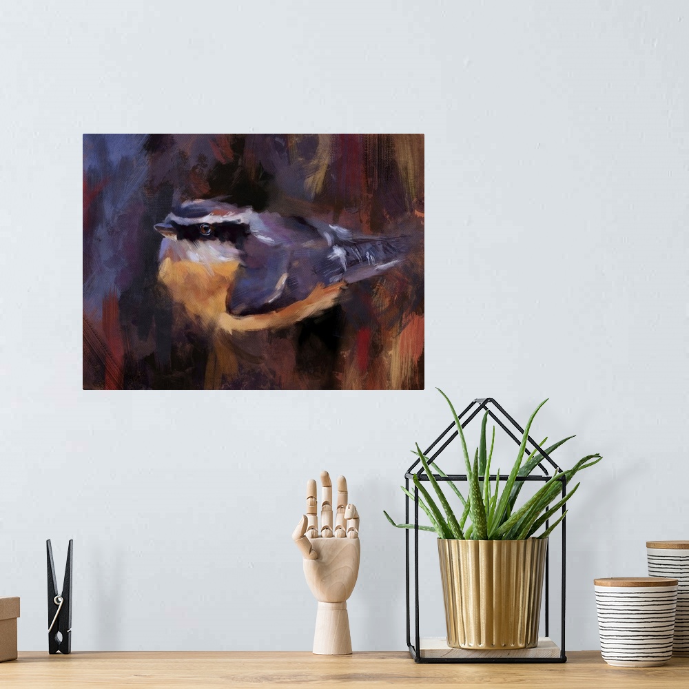 A bohemian room featuring Impressionist painting of a Red-breasted Nuthatch. Alberta, Canada.