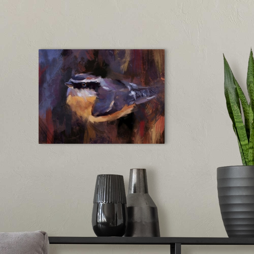 A modern room featuring Impressionist painting of a Red-breasted Nuthatch. Alberta, Canada.