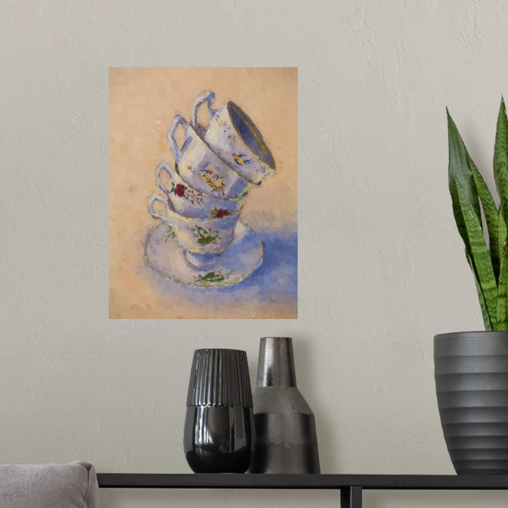 A modern room featuring Painted image of a stack of fine china tea cups.