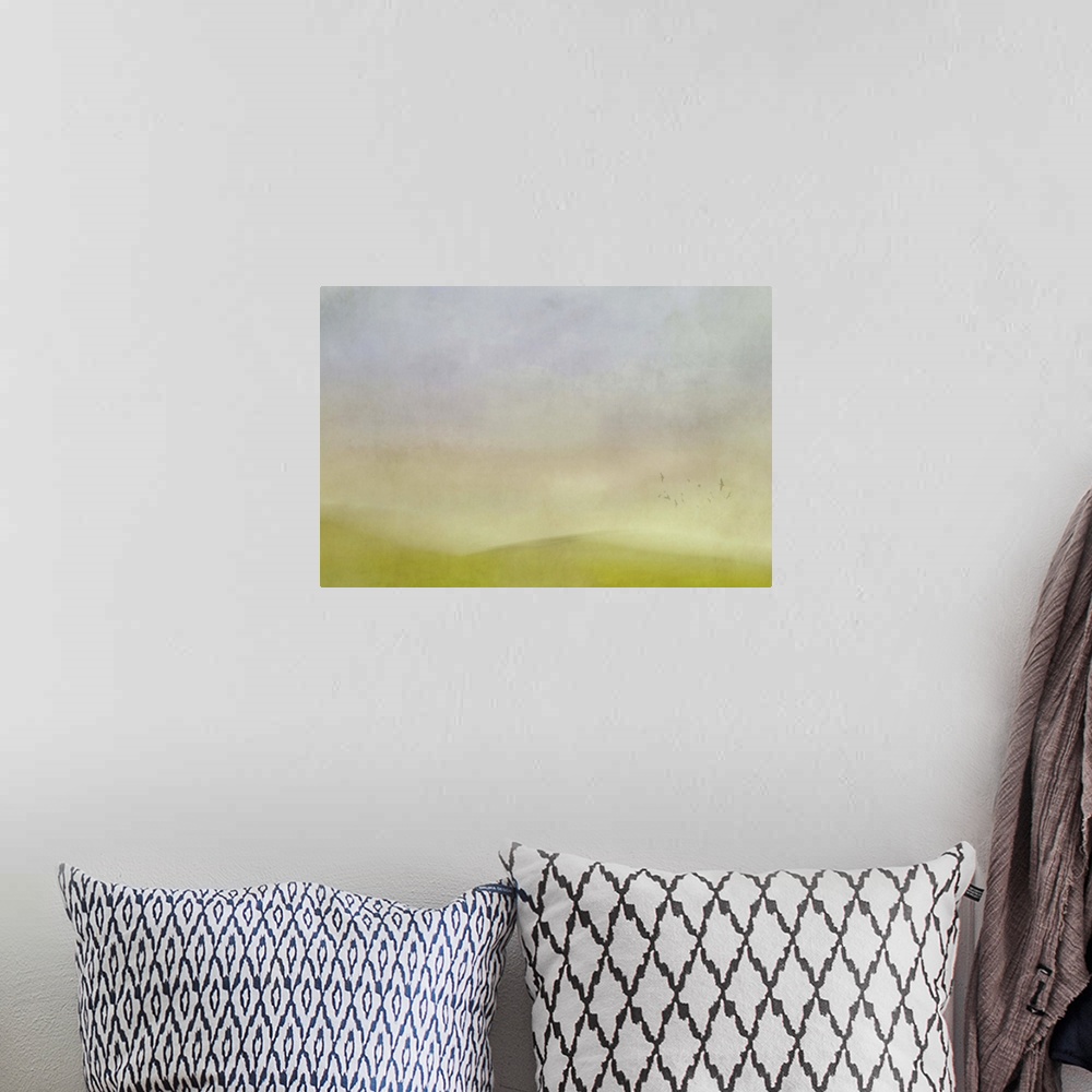 A bohemian room featuring Painterly abstract blur of green hills, a flock of birds, and a cloudy sky.