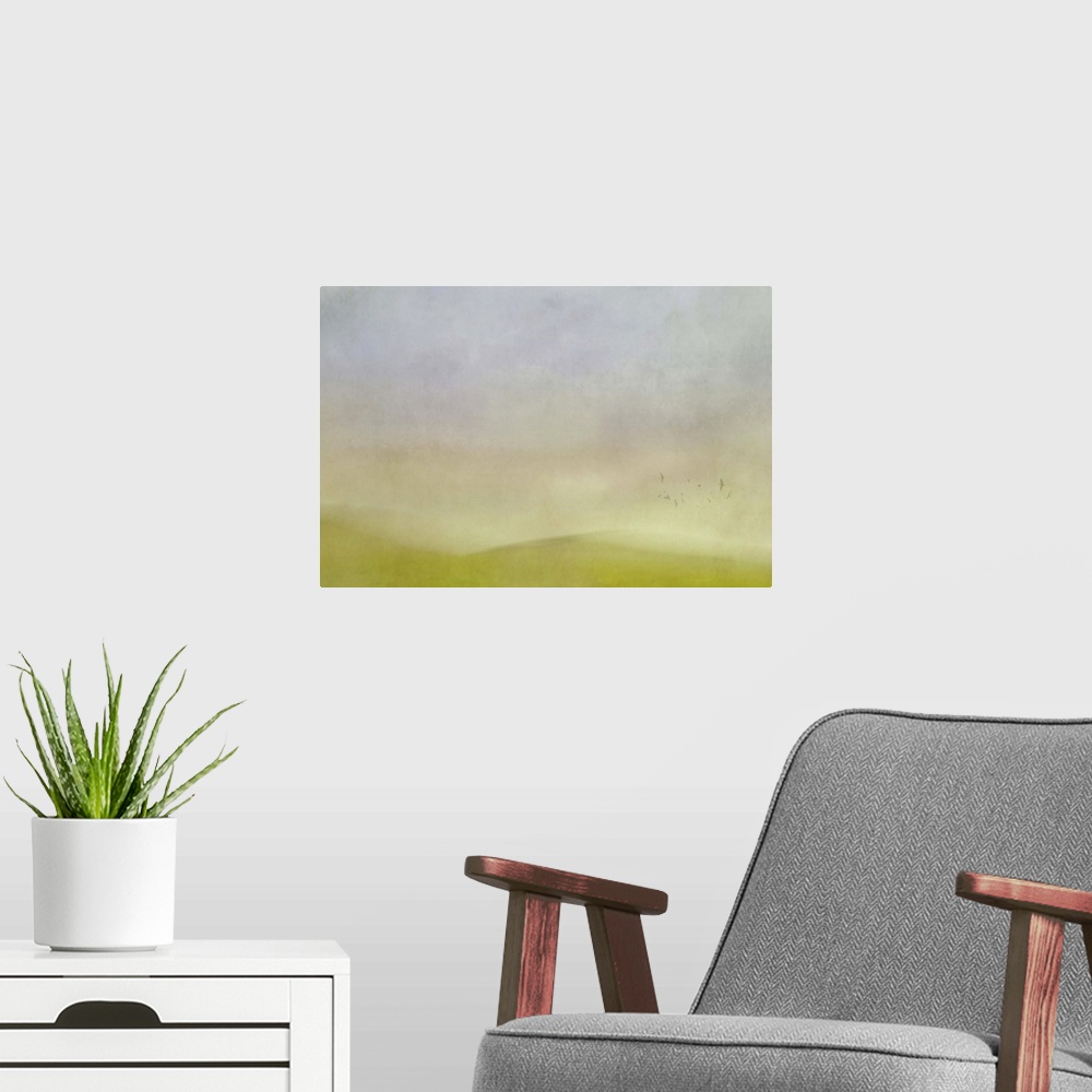A modern room featuring Painterly abstract blur of green hills, a flock of birds, and a cloudy sky.
