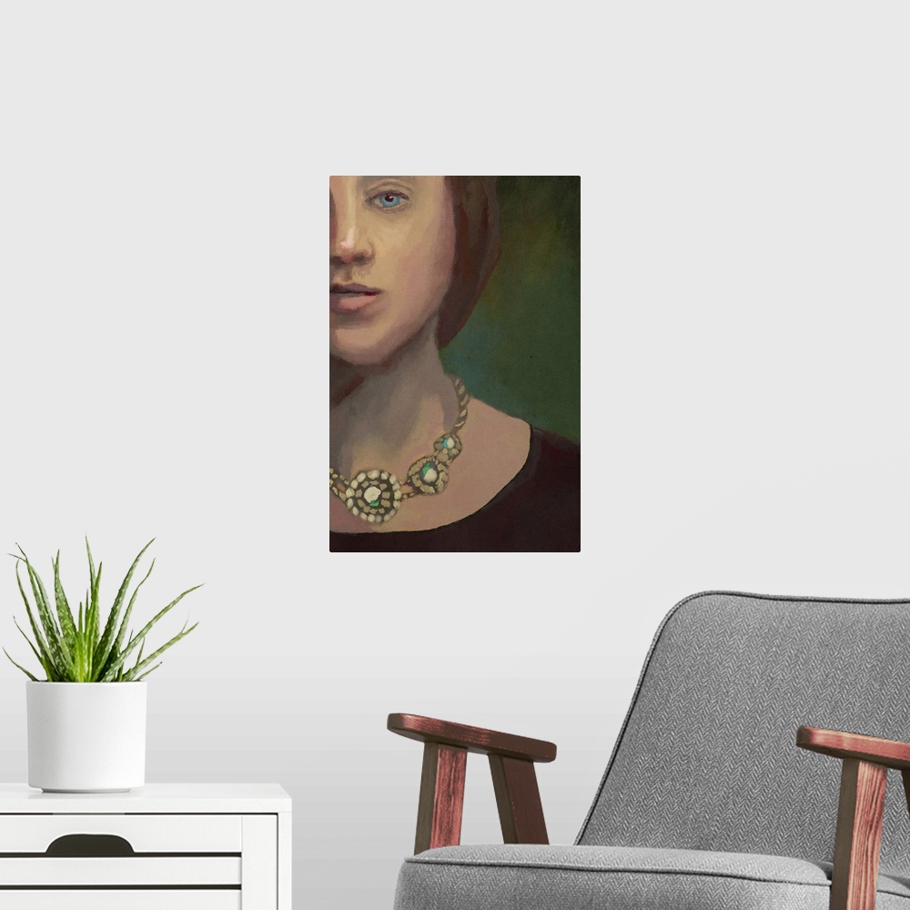 A modern room featuring Painterly illustration of a stoic looking woman. Alberta, Canada.