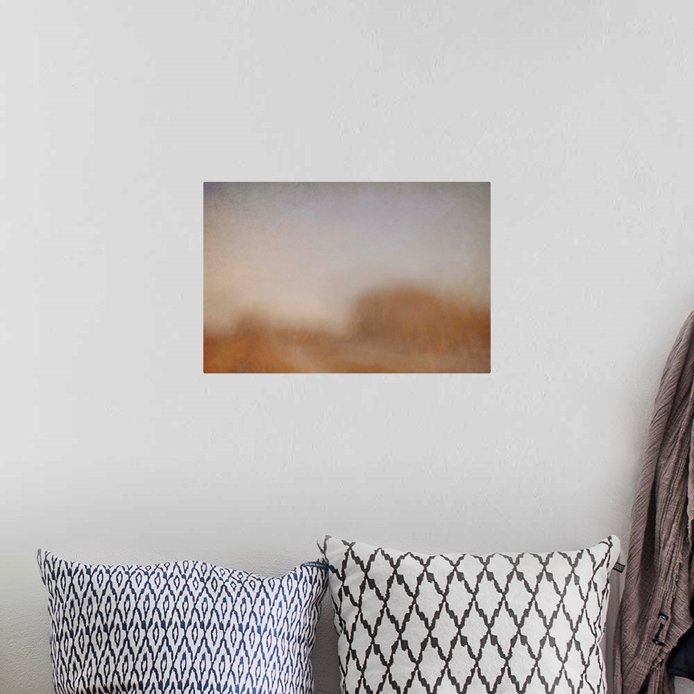 A bohemian room featuring An impressionist abstract photo of trees along a country lane.