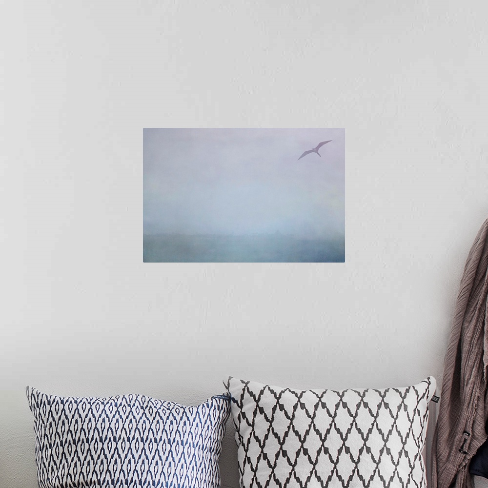 A bohemian room featuring Pictorialist photo of a Magnificent Frigatebird in the rain along the Gulf of Mexico.