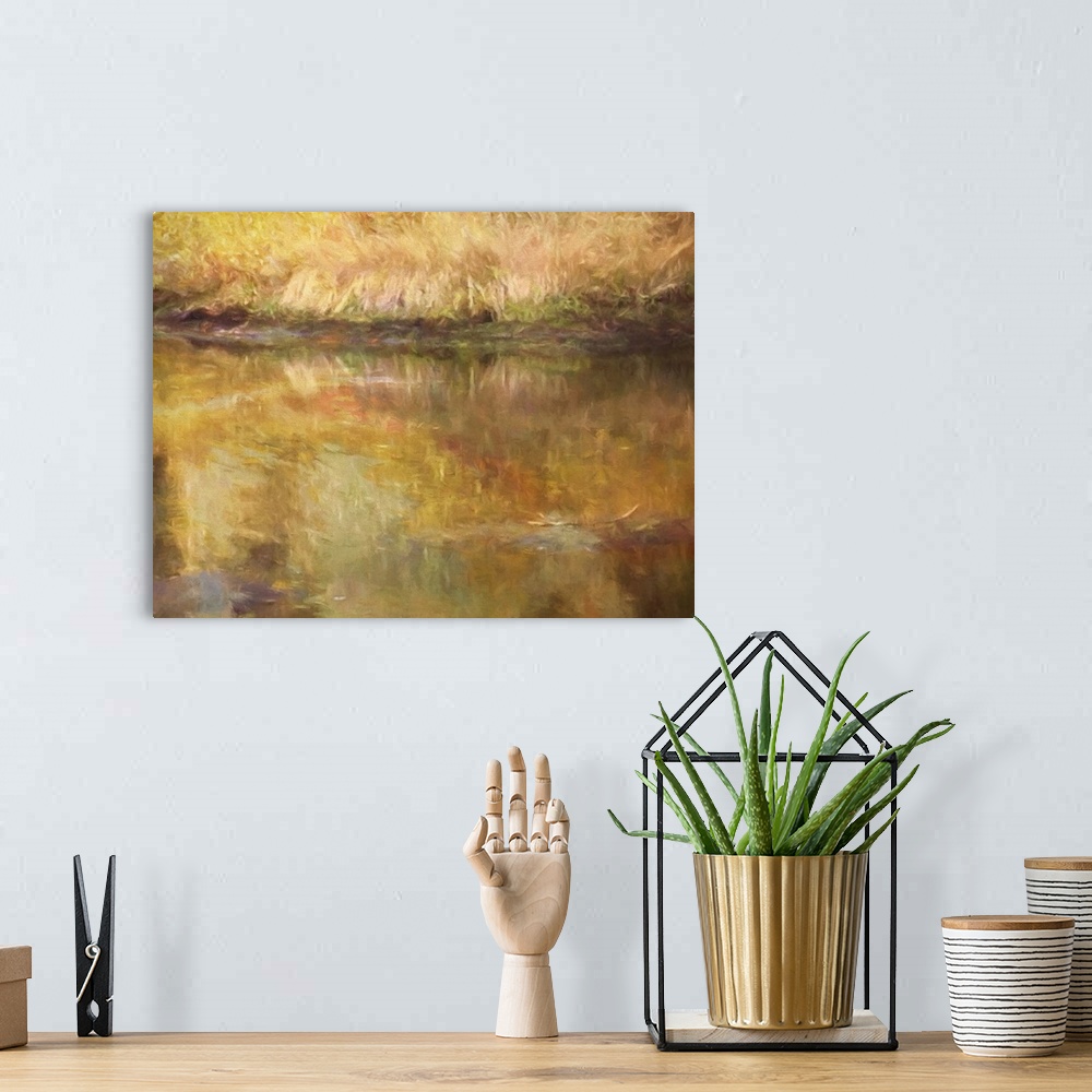 A bohemian room featuring Digital painting of a pond bank and water reflections in autumn.