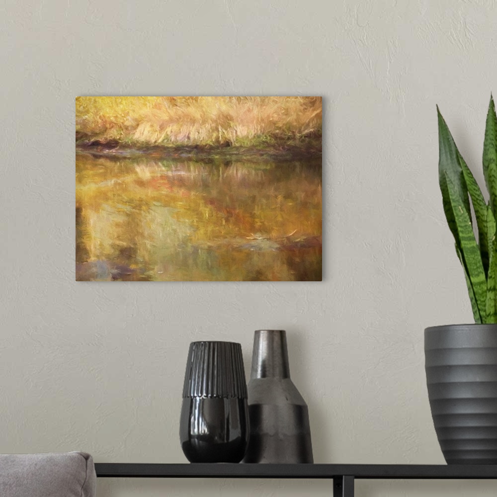A modern room featuring Digital painting of a pond bank and water reflections in autumn.