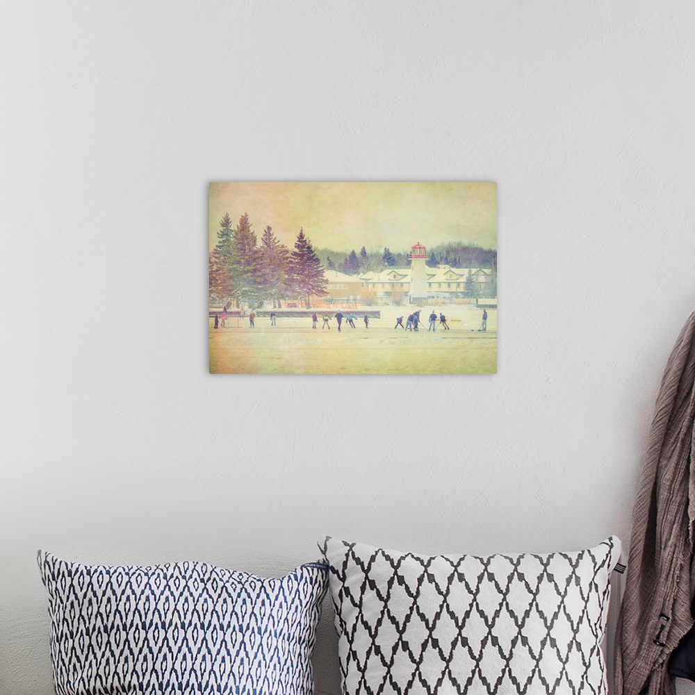 A bohemian room featuring Photo illustration of people playing hockey on a frozen lake in winter. Sylvan Lake, Alberta, Can...