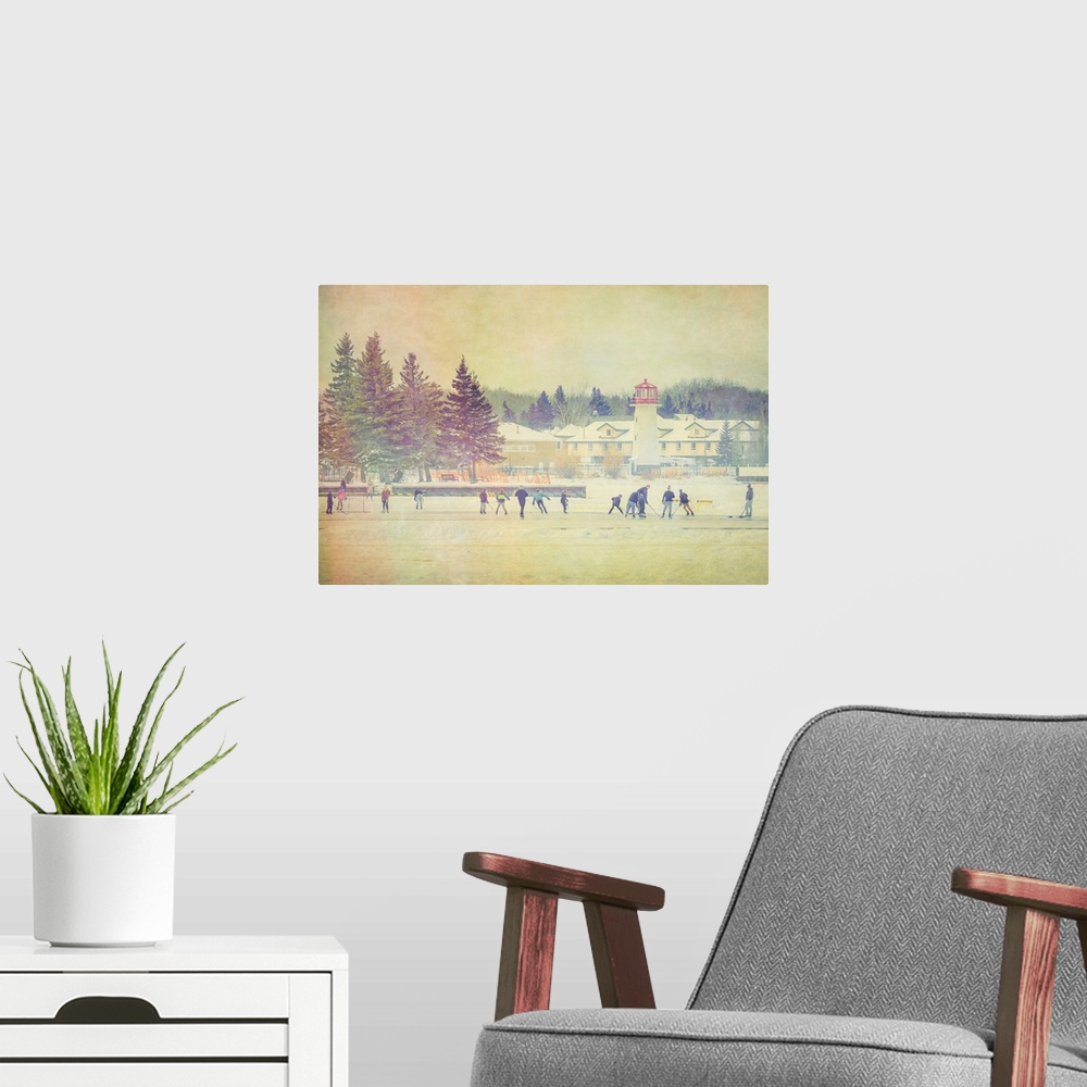 A modern room featuring Photo illustration of people playing hockey on a frozen lake in winter. Sylvan Lake, Alberta, Can...