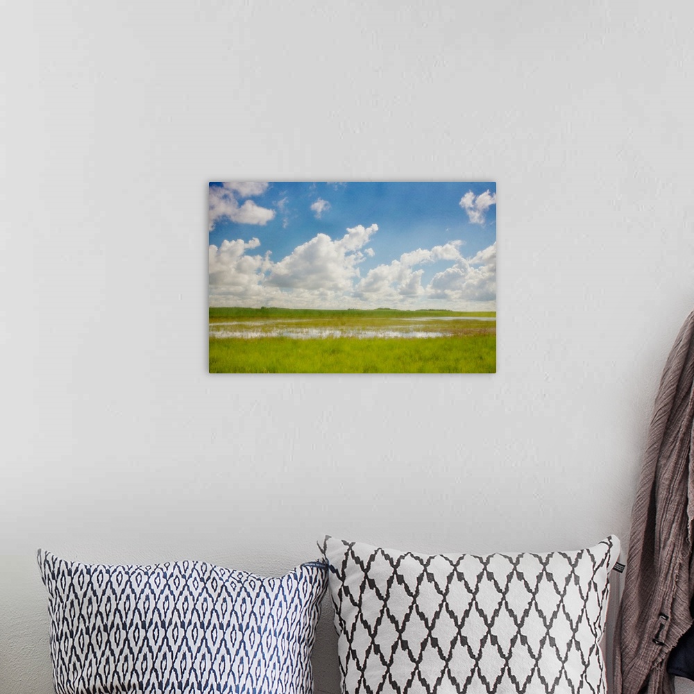 A bohemian room featuring A photo of blue sky with white fluffy clouds over a grassy marshy field.