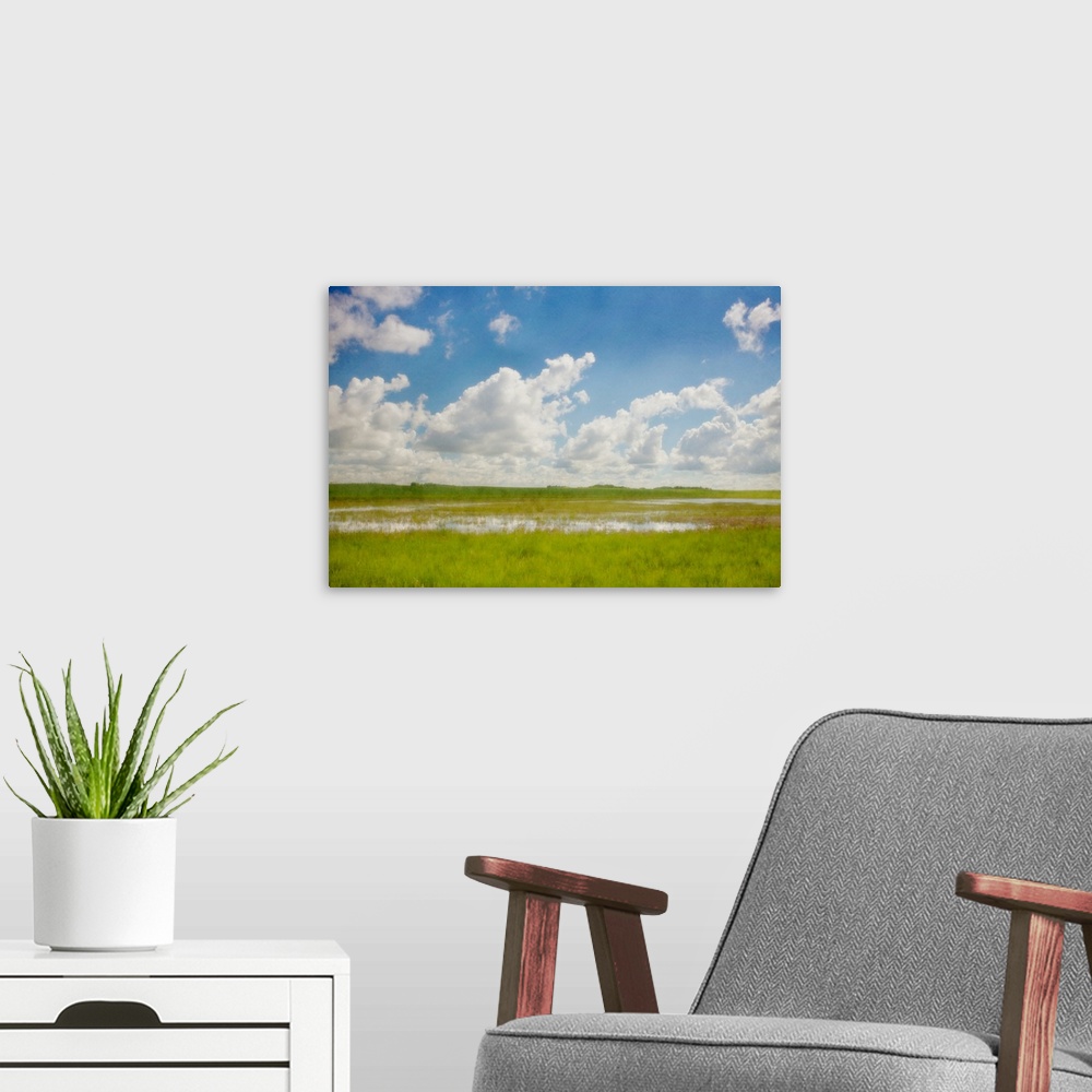 A modern room featuring A photo of blue sky with white fluffy clouds over a grassy marshy field.