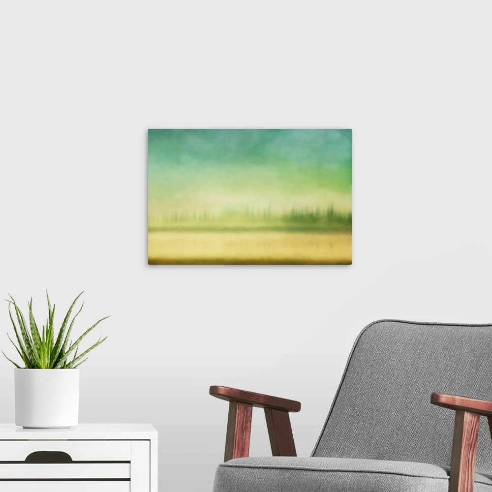 A modern room featuring Impressionist abstract landscape of the river bank and sky.