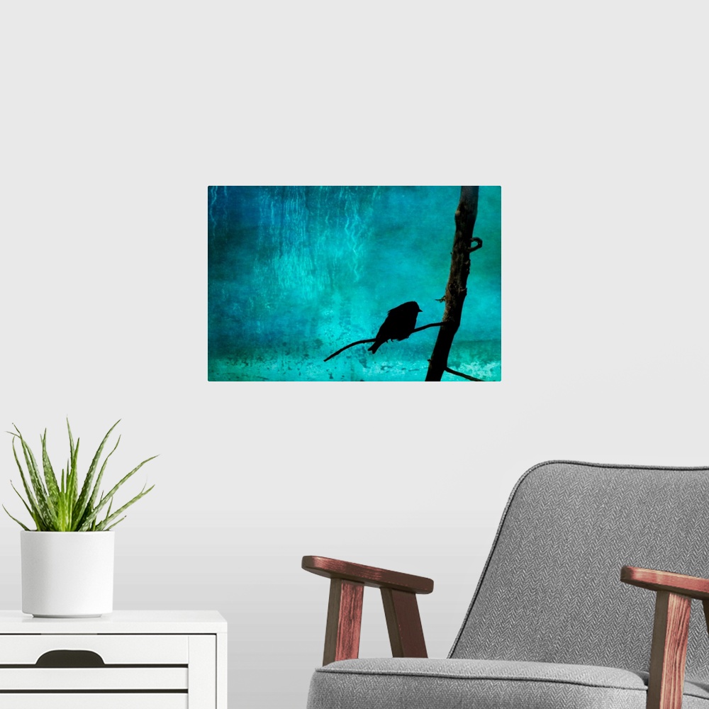 A modern room featuring Docor perfect for the home or office of a silhouette of a finch on a pine branch.