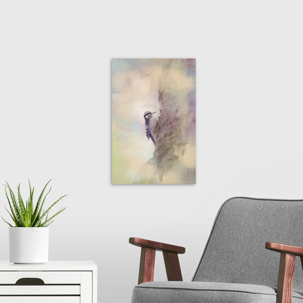 A modern room featuring Painterly photo of a downy woodpecker on the trunk of a tree.