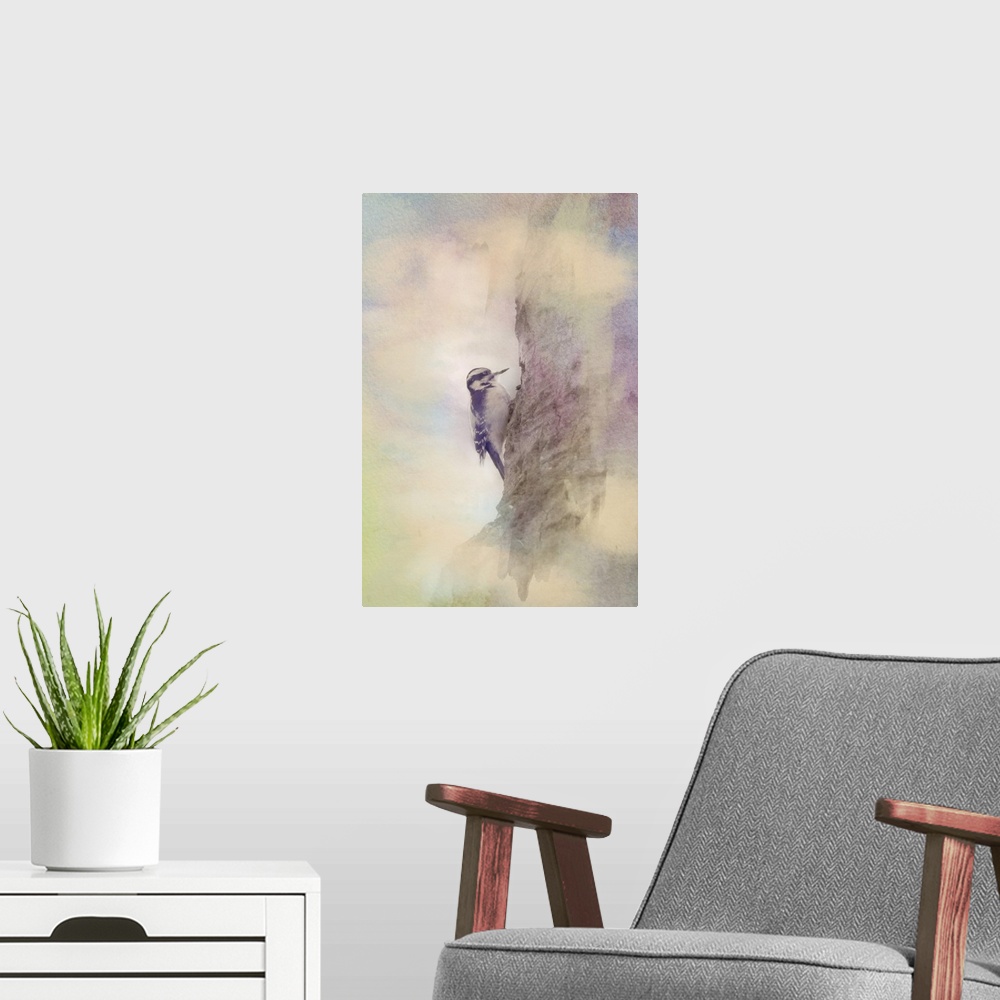 A modern room featuring Painterly photo of a downy woodpecker on the trunk of a tree.