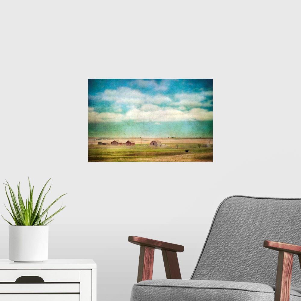 A modern room featuring A lone cow and barns on a prairie farm.
