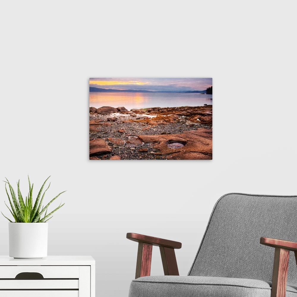 A modern room featuring A photograph of a beach with the rocky shore in focus.