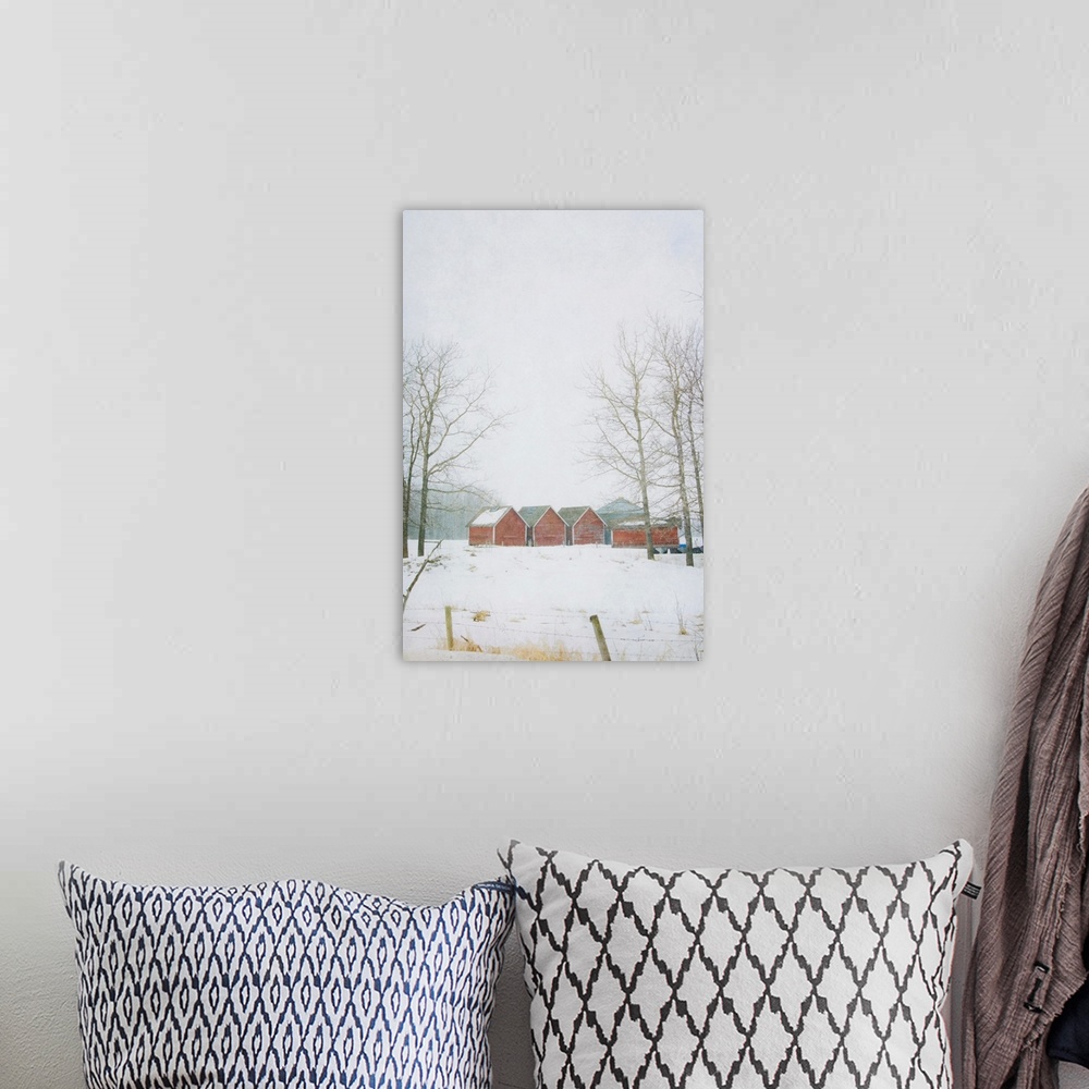 A bohemian room featuring Pictorialist photo of red granaries on the prairie in winter.