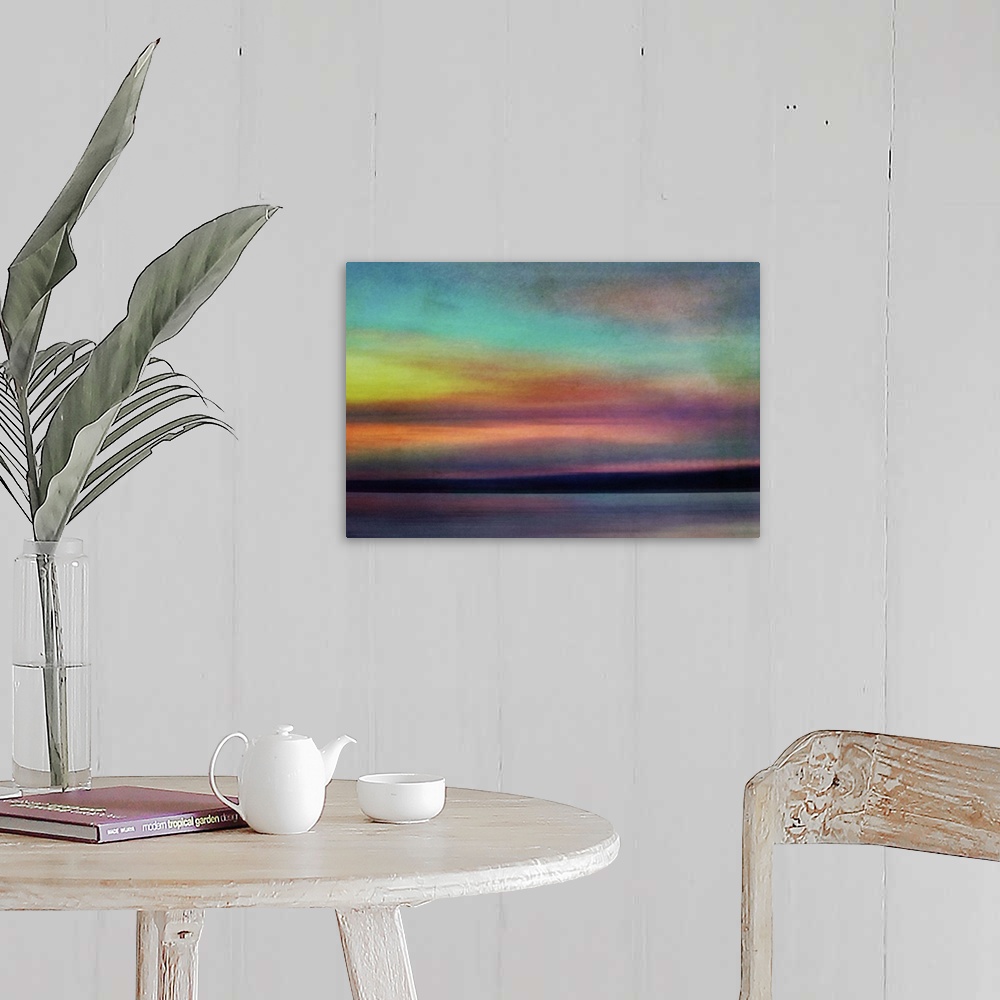 A farmhouse room featuring Fine art photograph of an evening skyscape with bright colors from the setting sun.