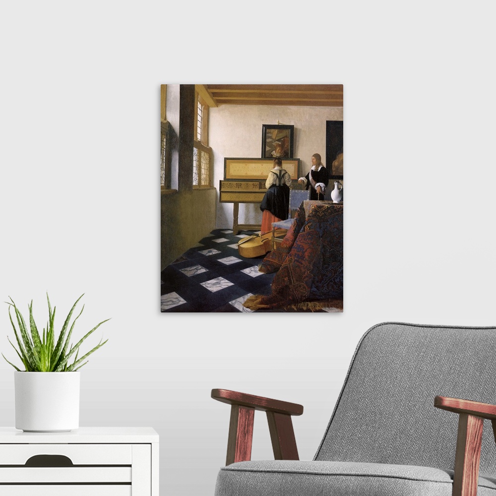A modern room featuring A Lady at the Virginal with a Gentleman