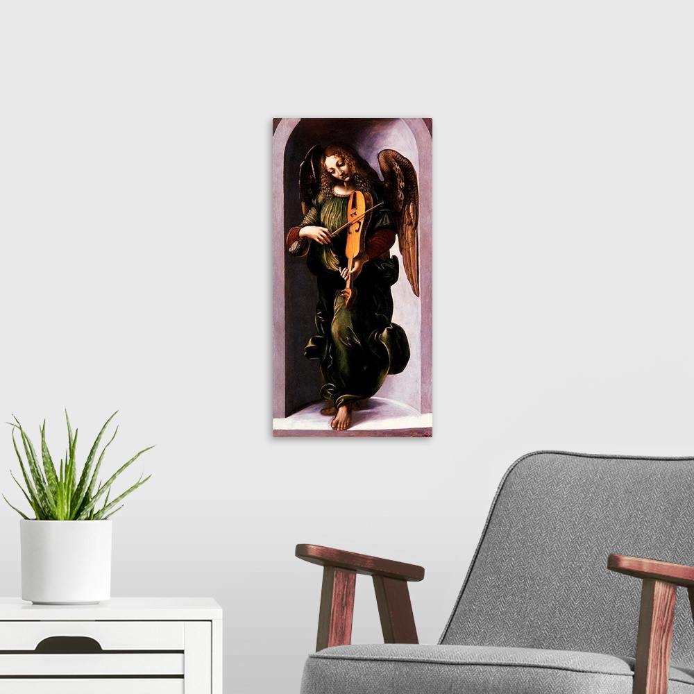 A modern room featuring An Angel with a Vielle