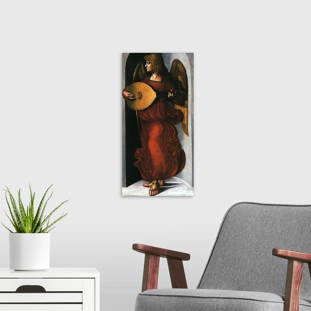 A modern room featuring Angel with a Lute