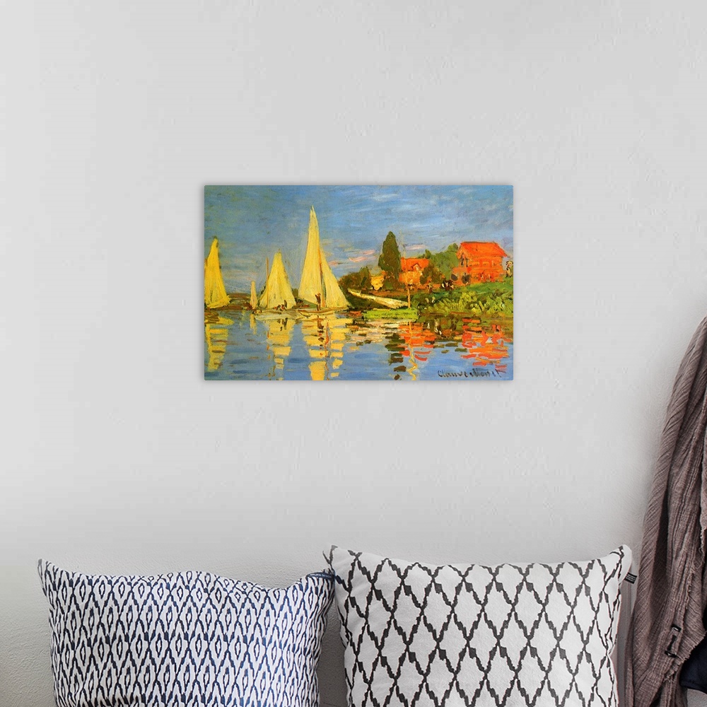 A bohemian room featuring Artwork of several sail boats in the water about to set sail with their reflections seen in the w...