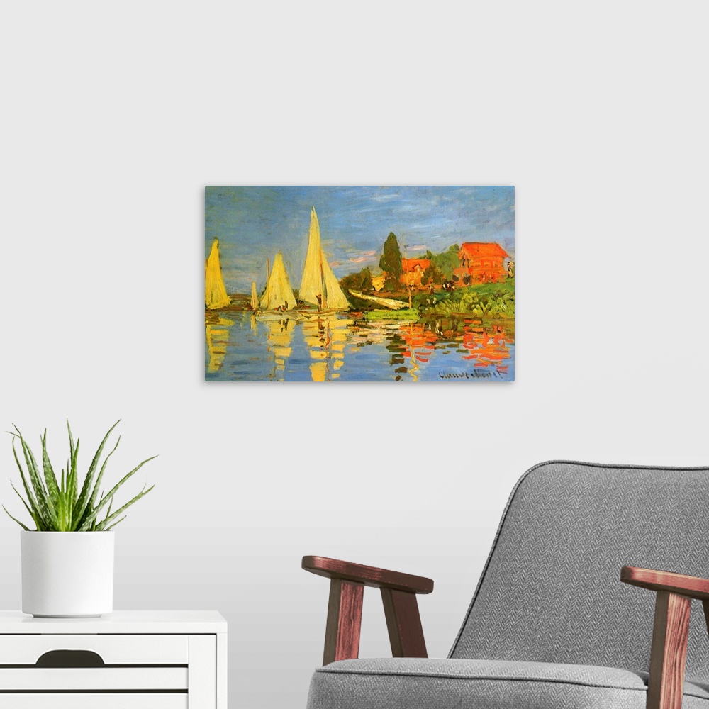 A modern room featuring Artwork of several sail boats in the water about to set sail with their reflections seen in the w...