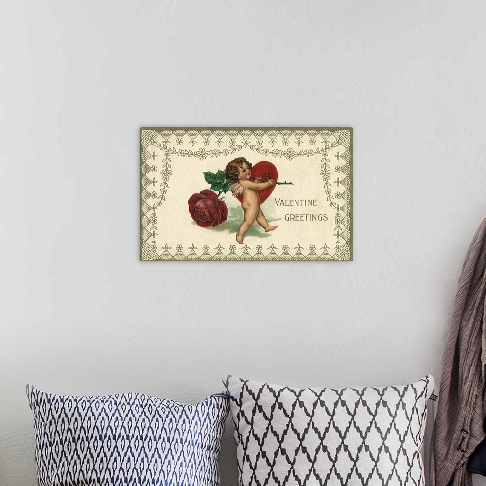 A bohemian room featuring Cherub Carrying a Large Rose and Heart
