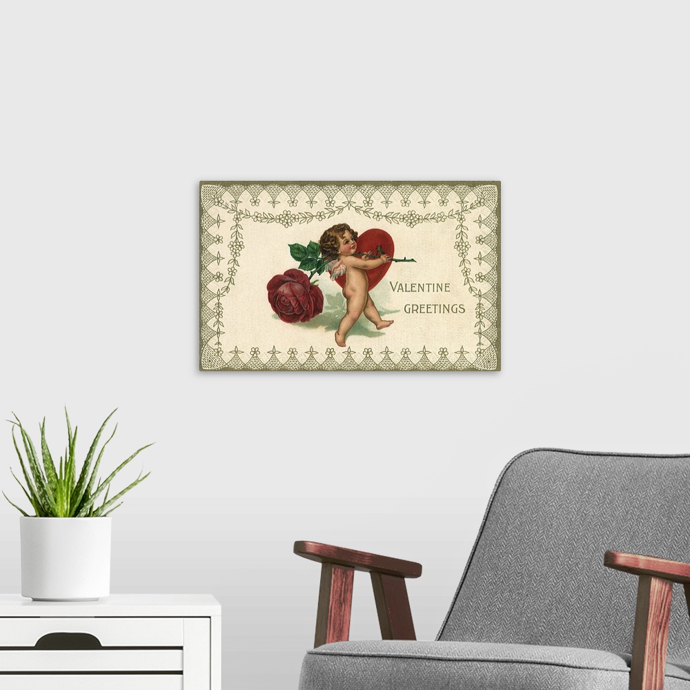 A modern room featuring Cherub Carrying a Large Rose and Heart