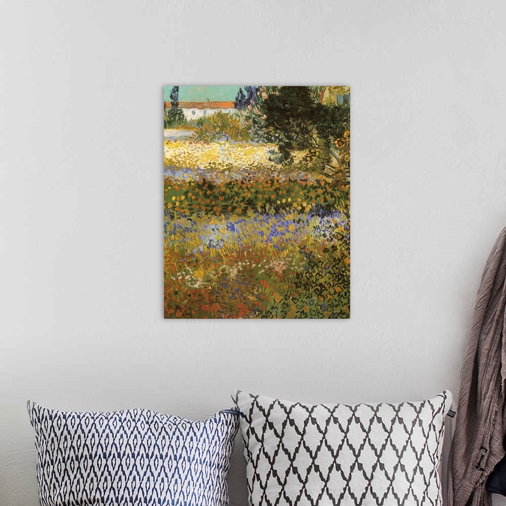 A bohemian room featuring Painting of colorful flower meadow with rooftop in the distance.