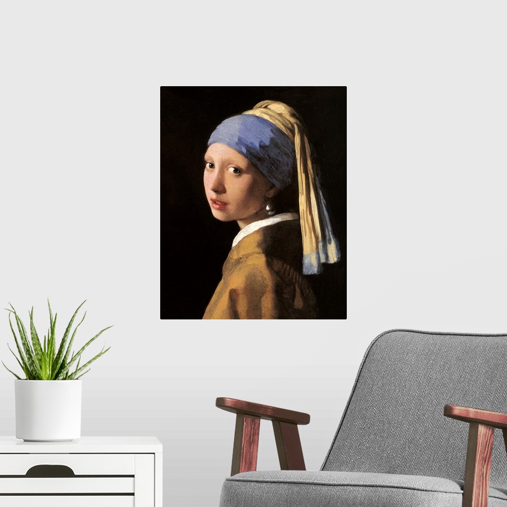 A modern room featuring Classic artwork of a girl that has her head slightly turned to the side so you can only see the l...