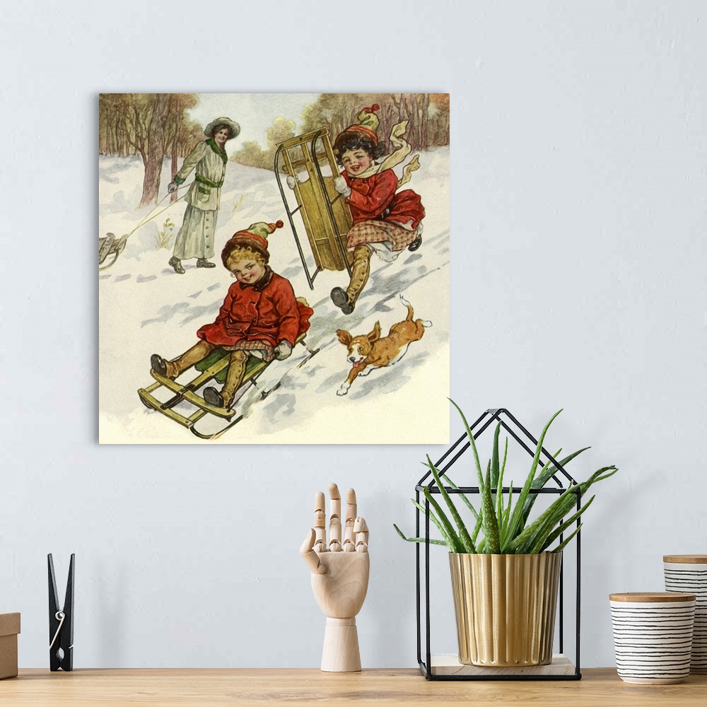 A bohemian room featuring Girls Sledding with Dog