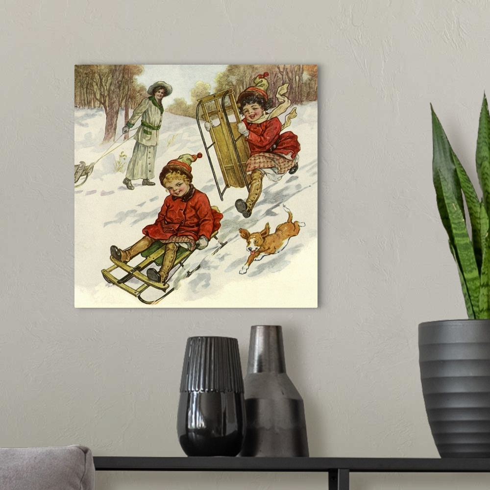 A modern room featuring Girls Sledding with Dog