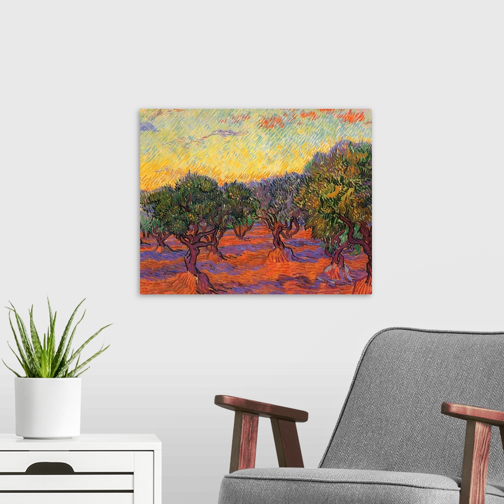 A modern room featuring Painting of tree filled meadow.