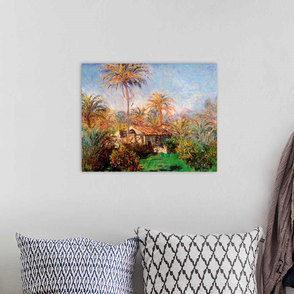 A bohemian room featuring Painting on canvas of a home with palm trees surrounding it.