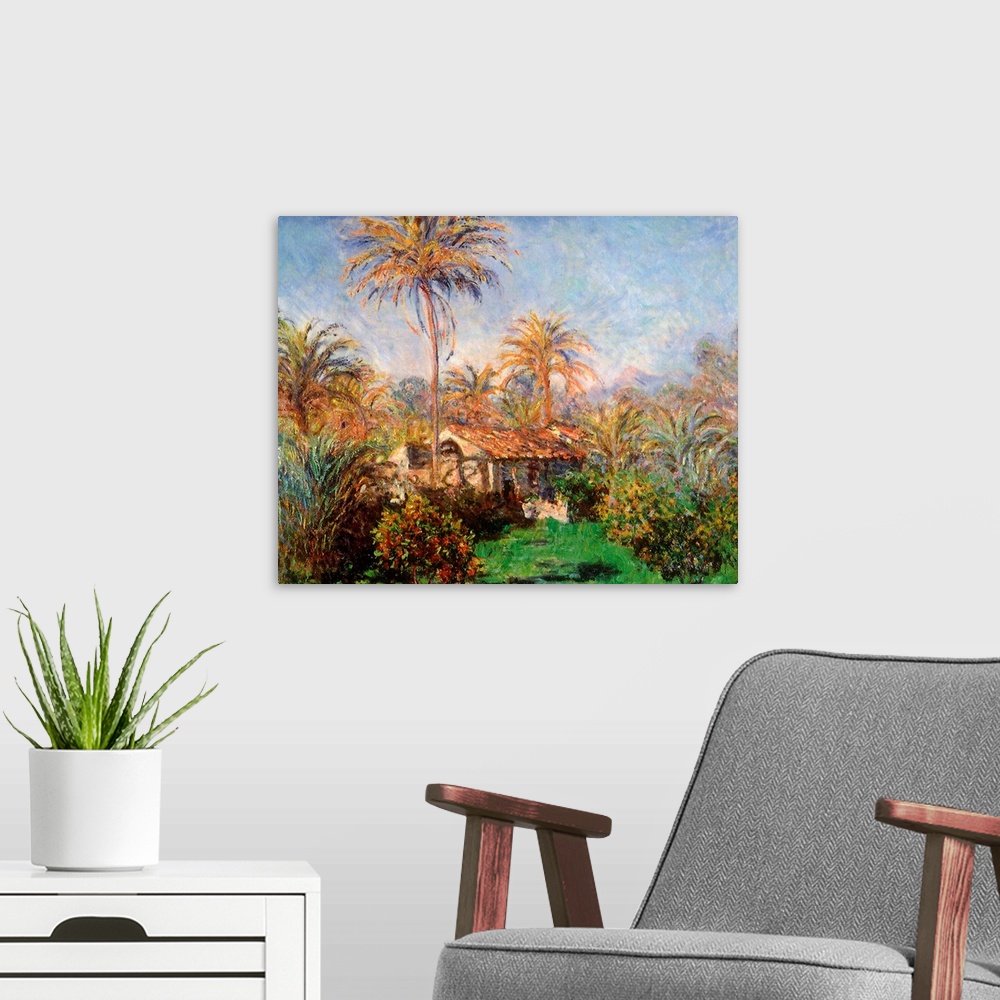A modern room featuring Painting on canvas of a home with palm trees surrounding it.