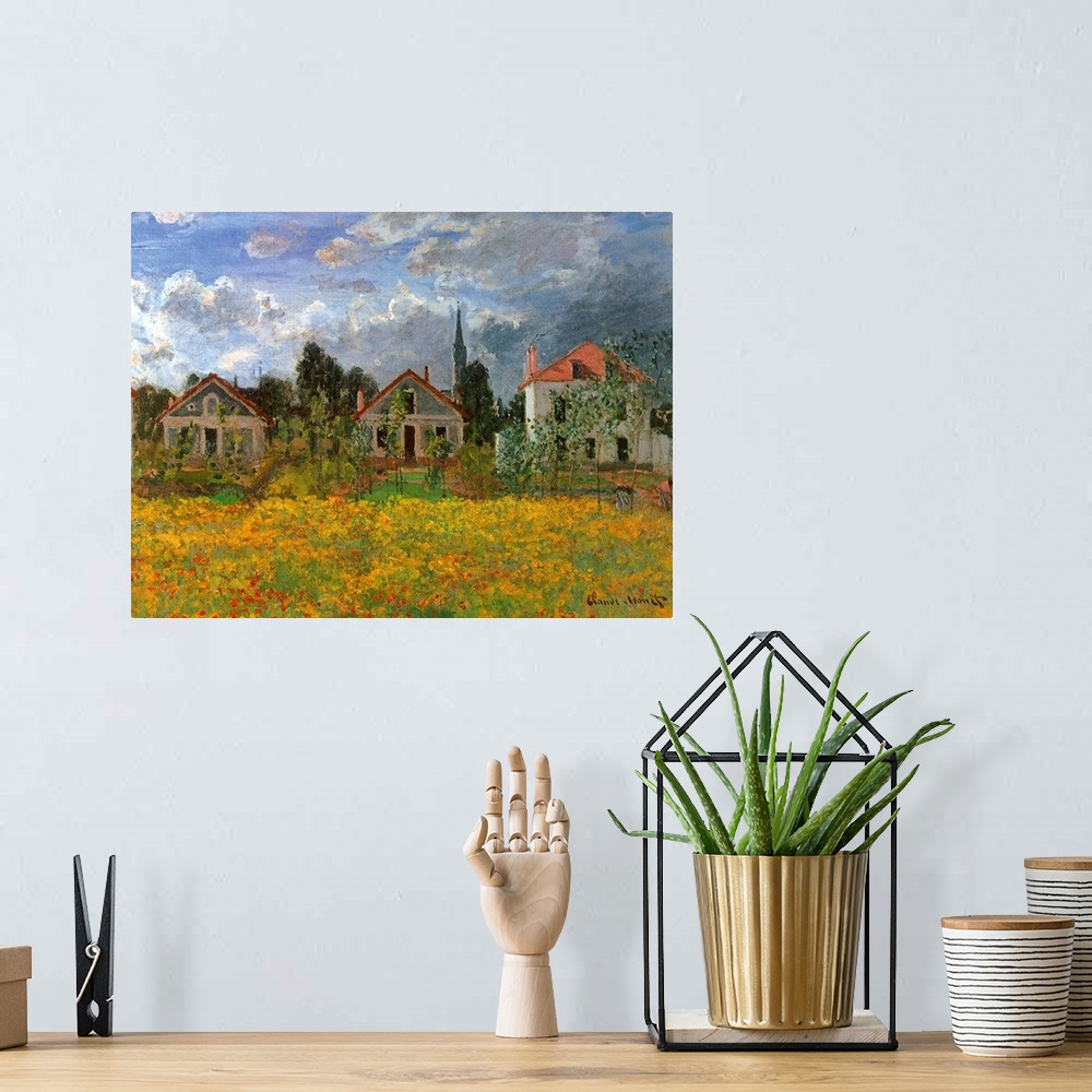 A bohemian room featuring Classical painting of a row of cute houses and a church in a country town filled with wild flowers.