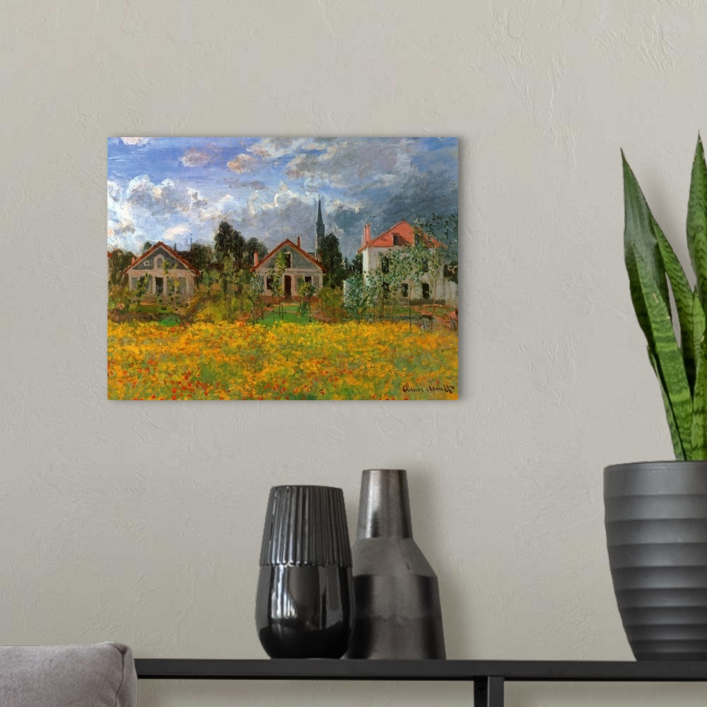A modern room featuring Classical painting of a row of cute houses and a church in a country town filled with wild flowers.