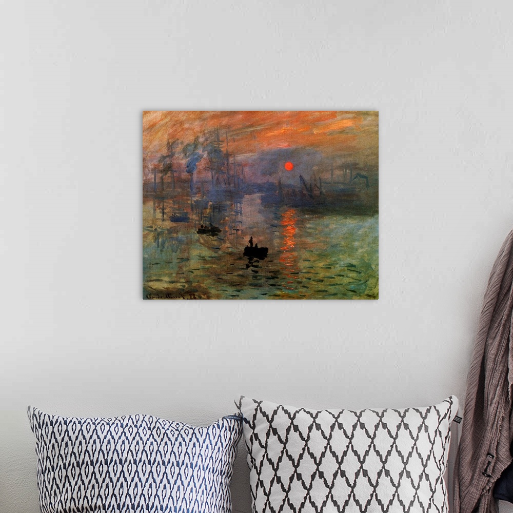 A bohemian room featuring Impressionist painting on canvas of small boats traveling through a marina with larger boats in t...