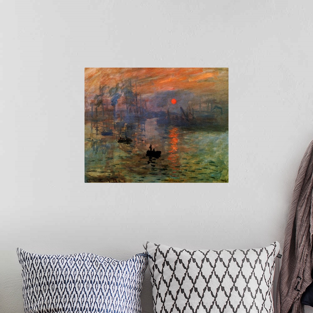 A bohemian room featuring Impressionist painting on canvas of small boats traveling through a marina with larger boats in t...