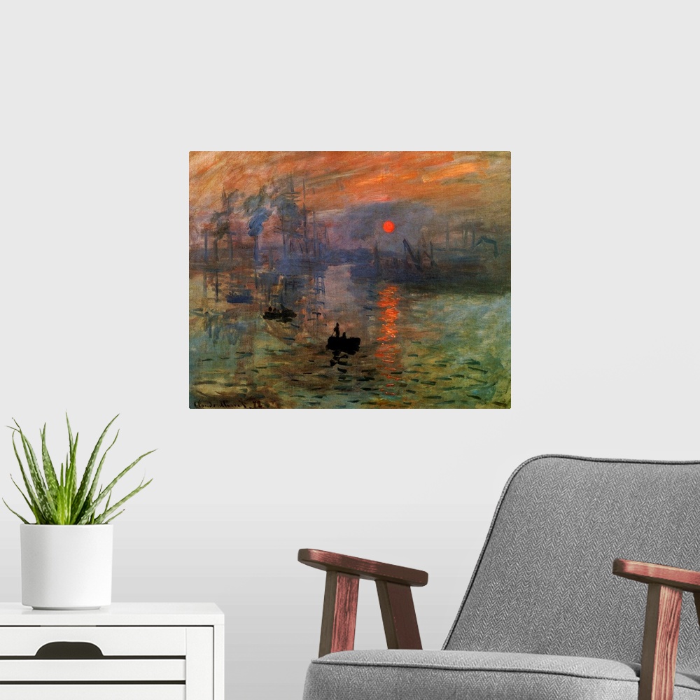 A modern room featuring Impressionist painting on canvas of small boats traveling through a marina with larger boats in t...