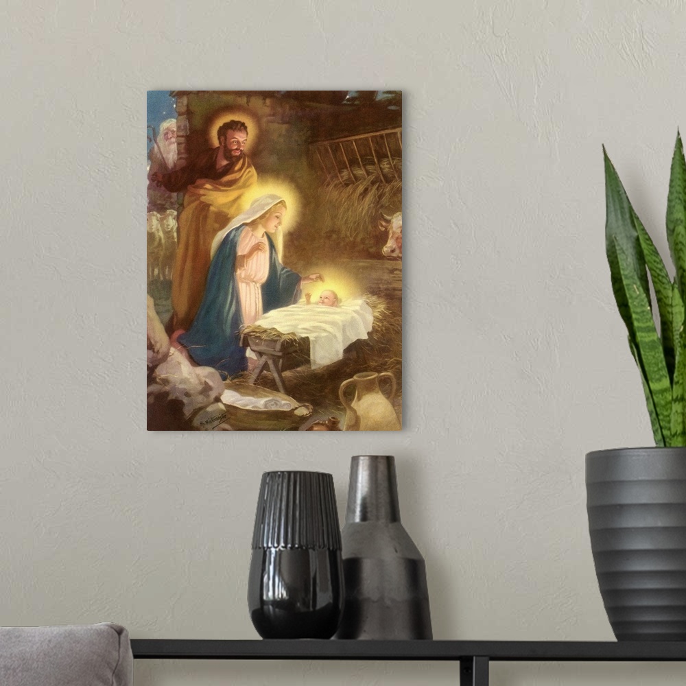 A modern room featuring Joseph, Mary, Christ