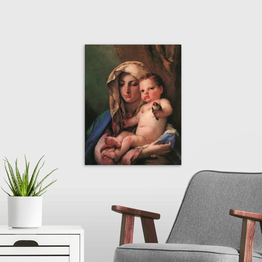 A modern room featuring Madonna of the Goldfinch